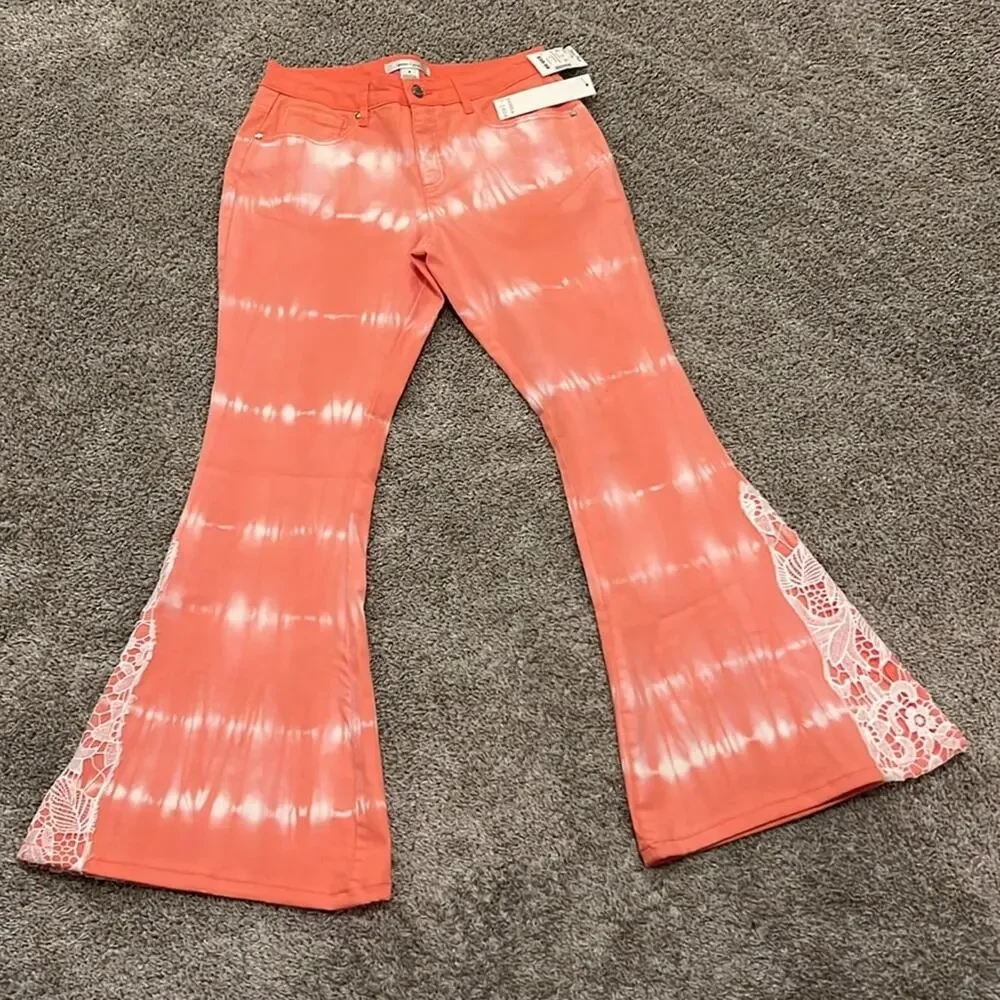 NWT‎ Gemma+Jane Tye Dye Flared Jeans Lace Size 8 Coral Hippie Concert Beach Y2K